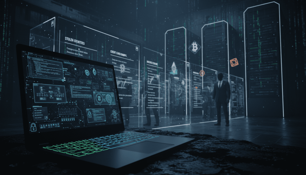 A dark web cybercrime marketplace, featuring a detailed underground digital environment. In the foreground, a sleek laptop displays encrypted data and crime-related graphics, with a dimly lit keyboard glowing in blues and greens. The middle ground shows a virtual storefront with shadowy figures browsing fraudulent services, depicted in professional business attire, creating an atmosphere of secrecy and intrigue. The background features ominous silhouettes of darknet servers and digital currency symbols, along with faint circuitry and code overlays. The lighting is low and moody, casting dramatic shadows to enhance the mysterious vibe. The perspective is a slightly upward angle, emphasizing the depth and complexity of this digital underworld.